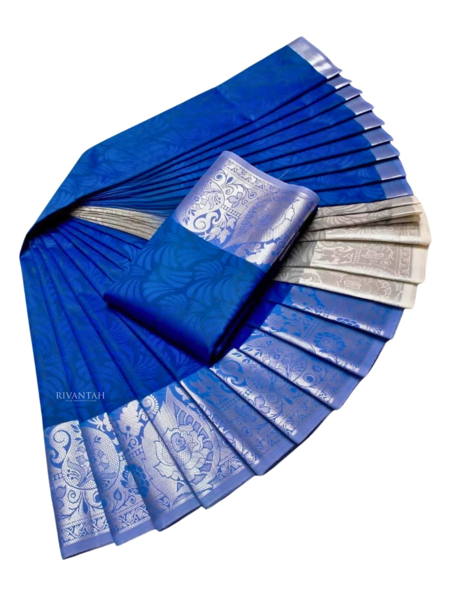 Royal Blue Floral Silver Silk Saree