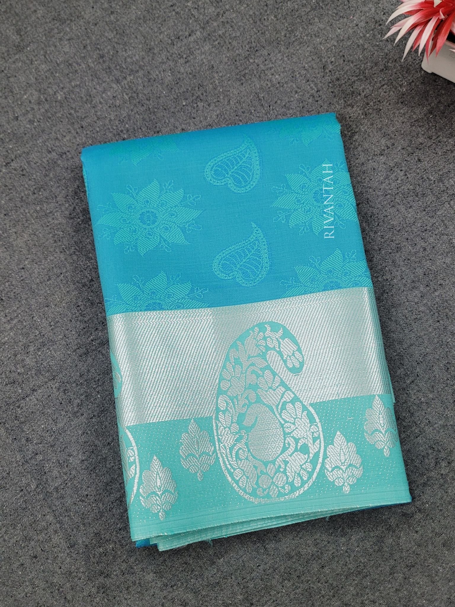Teal Silver Silk Saree