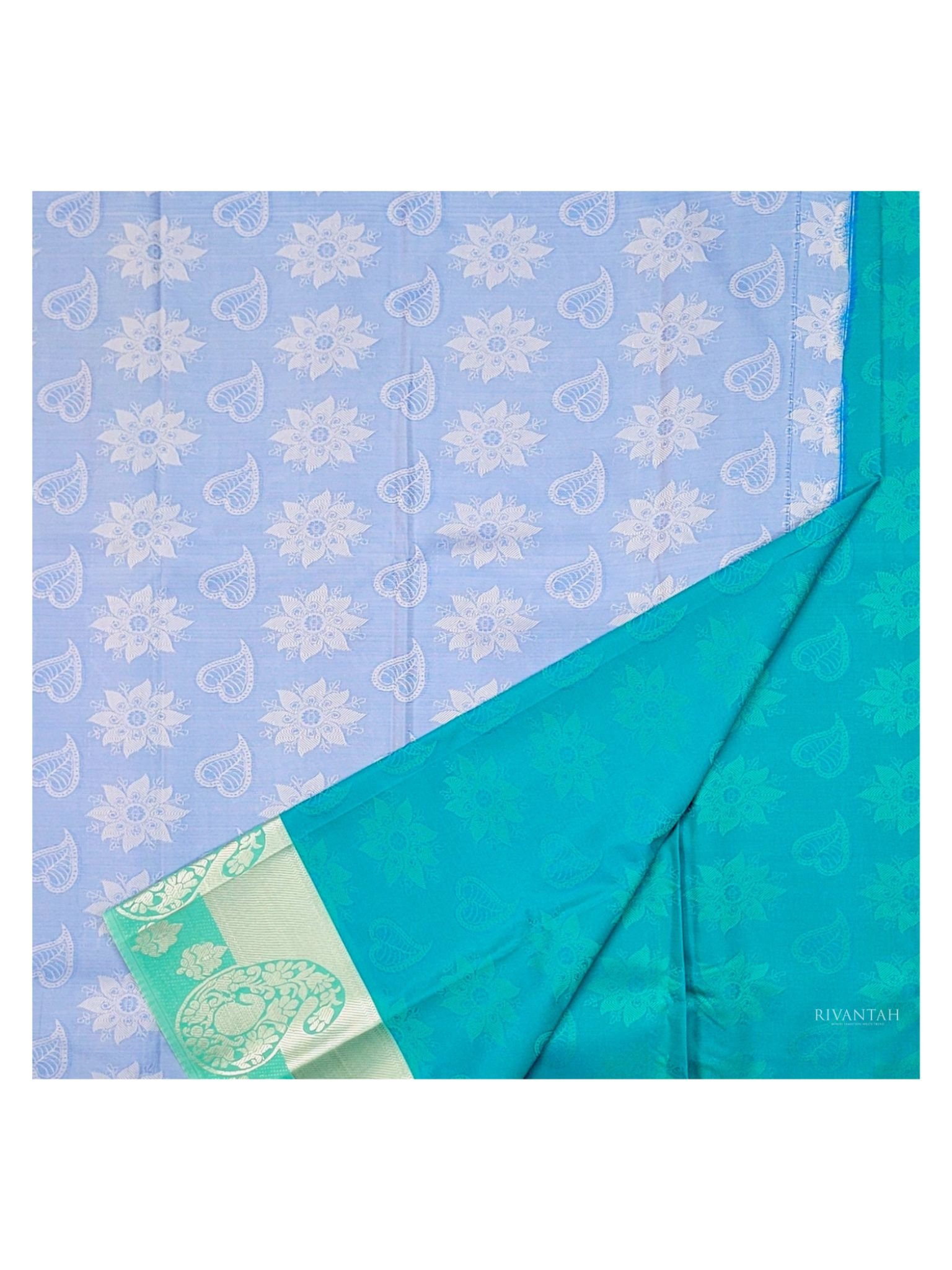 Teal Silver Silk Saree - Image 6