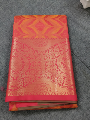 Coral Red Brocade Silk Saree