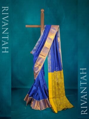Alternative view of Elegant Royal Blue Mixed Cotton Saree with Mustard Yellow Border, Silver Paisley Motifs & Unstitched Blouse | Office & Casual Wear
