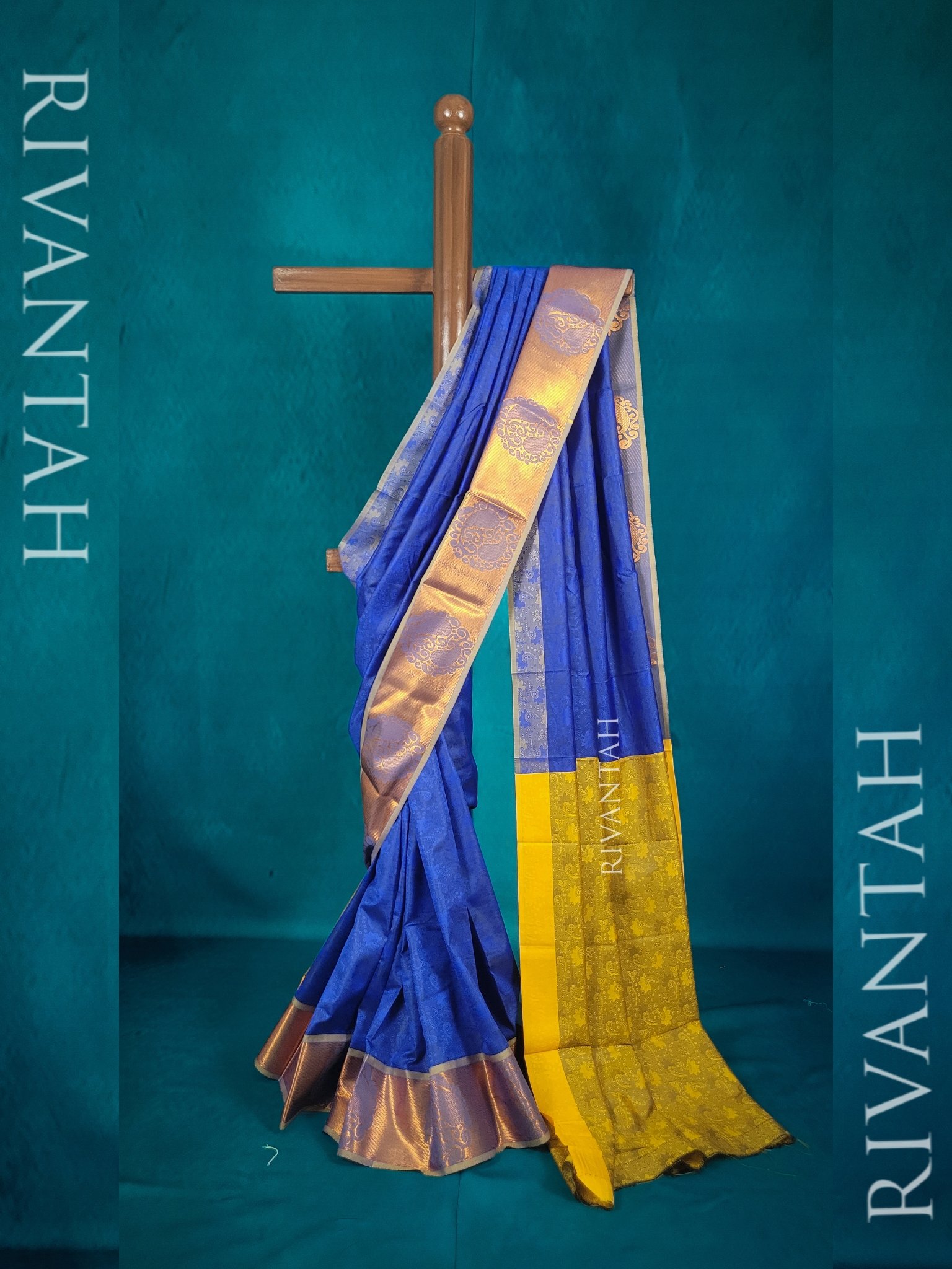 Elegant Royal Blue Mixed Cotton Saree with Mustard Yellow Border, Silver Paisley Motifs & Unstitched Blouse | Office & Casual Wear - Image 2