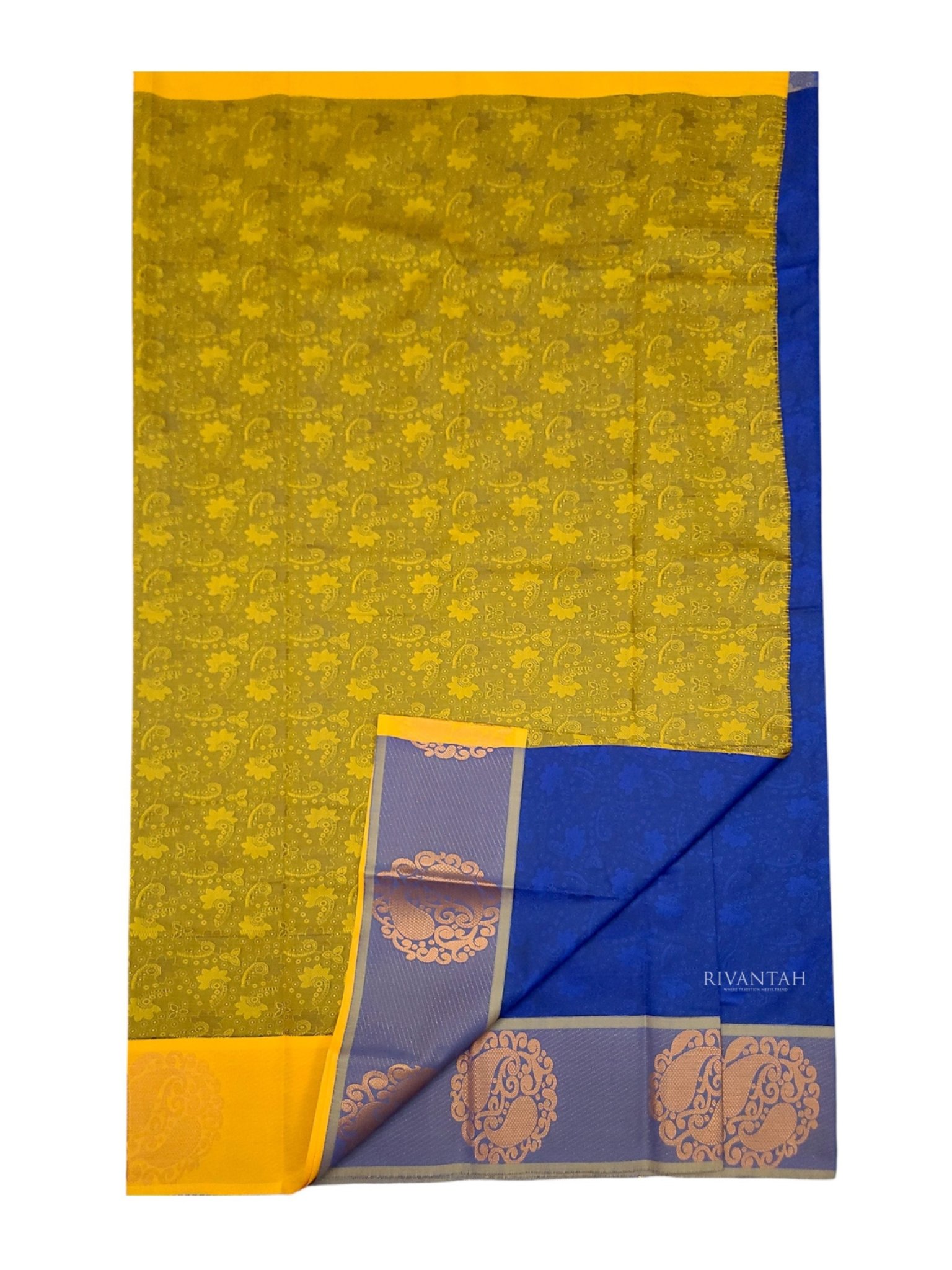 Elegant Royal Blue Mixed Cotton Saree with Mustard Yellow Border, Silver Paisley Motifs & Unstitched Blouse | Office & Casual Wear - Image 4