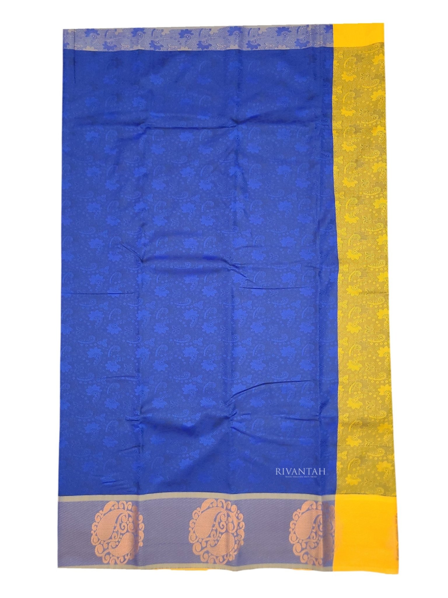 Elegant Royal Blue Mixed Cotton Saree with Mustard Yellow Border, Silver Paisley Motifs & Unstitched Blouse | Office & Casual Wear - Image 5