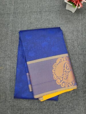 Elegant Royal Blue Mixed Cotton Saree with Mustard Yellow Border, Silver Paisley Motifs & Unstitched Blouse | Office & Casual Wear