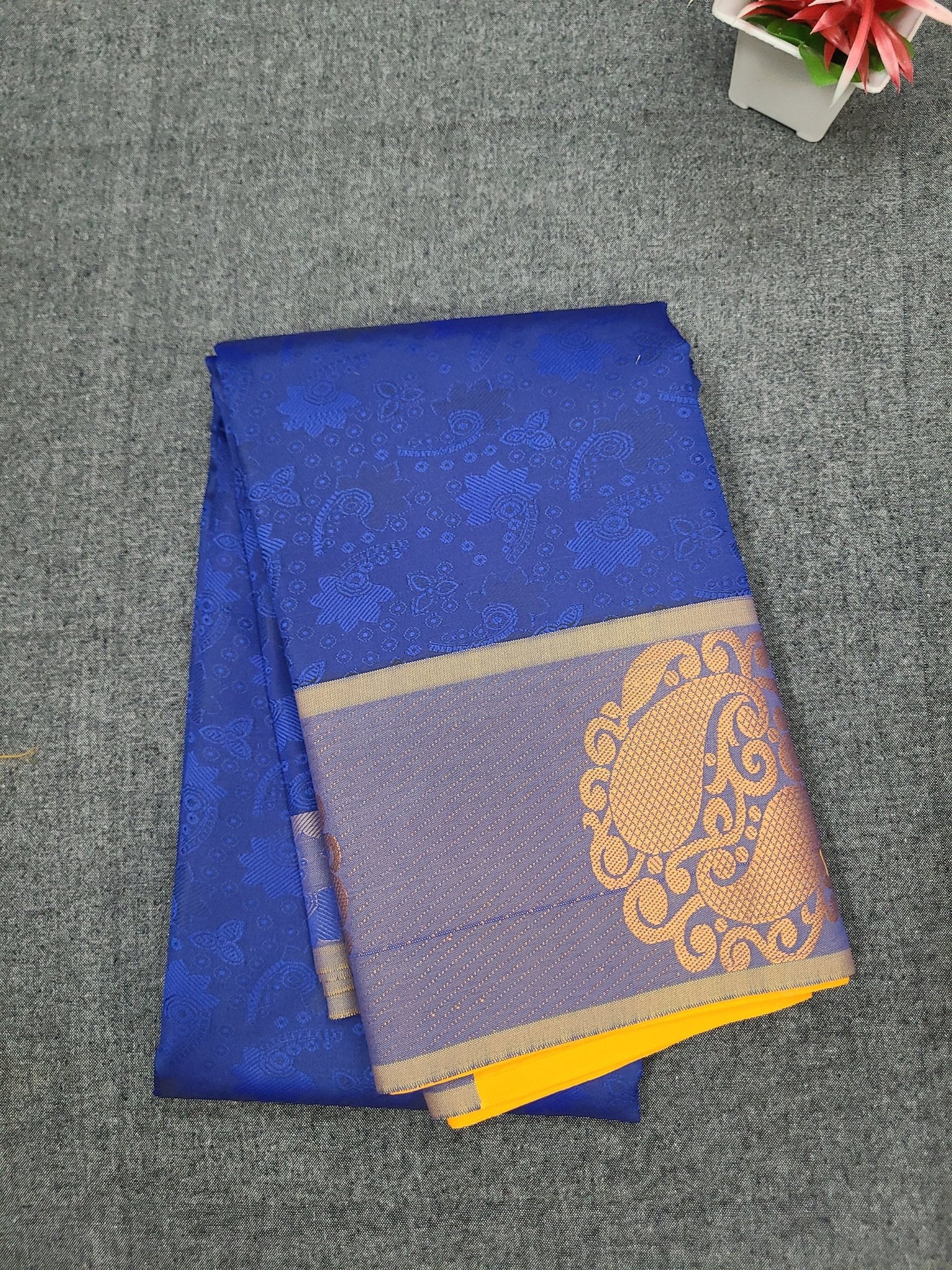 Elegant Royal Blue Mixed Cotton Saree with Mustard Yellow Border, Silver Paisley Motifs & Unstitched Blouse | Office & Casual Wear